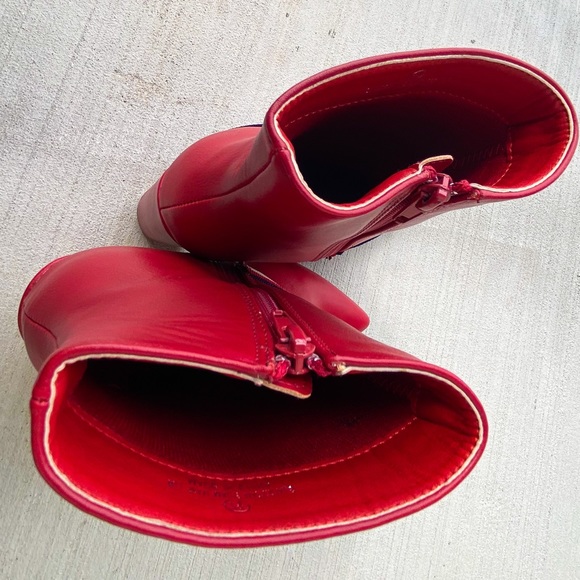 Red Faux Leather Ankle Booties with Grosgrain Buckle Trim - Picture 7 of 9